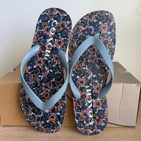 Coach Blue/Brown Floral Women Slides Flip Flops- SZ 9/10 - Picture 1 of 8